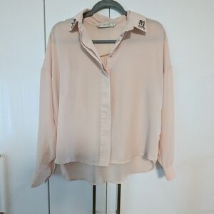 Zara Peach Embellished Collar Button Down Blouse